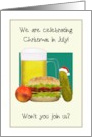 Christmas in July Party Invite Santa Hat on Pickle Cheesburger Beer card