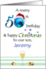 Son’s 50th Birthday on Christmas Santa’s Hat on 50 Custom card