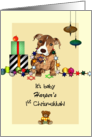 Baby’s 1st Chrismukkah Puppy Holding Ornaments Star of David Crucifix card