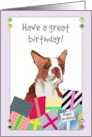 Birthday Red Boston Terrier and Colorful Presents card