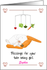 Blessings for Twin Baby Girl Bunny Asleep Leaning on Carrot card