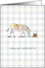 Zebra with Colorful Stripes Easter Eggs on Gingham Check Pattern card