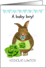 New Baby Boy Cute Baby Rabbit With Pacifier and Bib Congratulations card