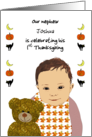 Nephew First Thanksgiving Smiling Baby And Teddy Custom card