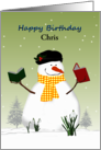 Custom Happy Birthday Snowman’s Stick Hands Holding Books Snowdrops card