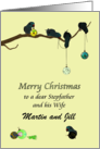 Christmas Stepfather and Wife Cute Parrots Decorating Branch card