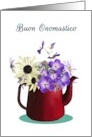 Buon Onomastico Italian Happy Name Day Daisies Geraniums in Teapot Blank Inside card