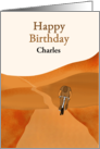Custom Name Birthday for Him Young Man Lone Cyclist in Open Landscape card