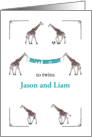 Custom Birthday Twin Boys Giraffes Playing Football and Running card