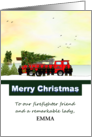 Christmas Female Firefighter Fire Team and Truck Carrying Holiday Tree card