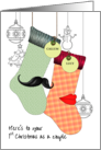 First Christmas as a Couple Stockings with Moustache and Red Lips card