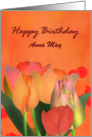 Custom Name Birthday Tulips and Foliage in Peachy Color Shades card