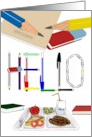 First Day New School HELLO Spelt With Pens Pencil Eraser Paperclips card