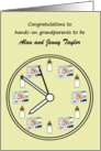 Grandparents To Be Diaper Packs and Formula Bottles on Clock Face card
