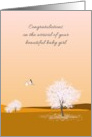 New Baby Girl Stork Carrying Baby Open Countryside Warm Colors card