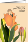 Custom Name Birthday Baby Niece Baby Nestling Inside Tulip Flower card
