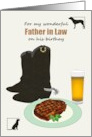 Father in Law Birthday Black Lab Dog Boots Beer and Steak card