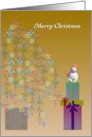 Christmas Snowman On Top Of Presents And Looking At Tree card