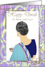 Happy Diwali to Mom Lady in Blue Sari Holding Oil Lamp card