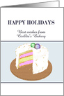 Customizable holiday greeting from bakery to customers, Layered sponge cake, buttercream icing and decorated with baubles card