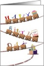 3rd Birthday, Little wooden train carrying cupcake, card and greeting card