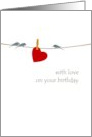 Birthday Red Heart Pegged To Clothesline Little Birds Perched On card