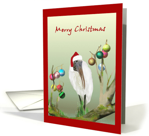 Christmas Wood Stork With Santa Hat Nest Decorated With Baubles card
