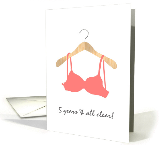 Pink party invite 5 years breast cancer survivor, Bra on hanger card