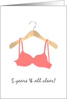 Pink party invite 5 years breast cancer survivor, Bra on hanger card