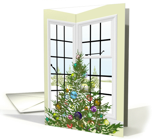 Christmas tree by window with snow scene outside card (1061711)