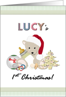 Lucy’s First Christmas Teddy In Santa’s Hat Holding Milk Bottle Toys card