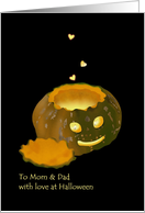 Halloween for Mom and Dad Lit Pumpkin and Glowing Hearts card