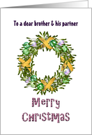 Christmas Greeting for Brother and Partner Mistletoe Holiday Wreath card