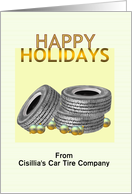 Customizable happy holidays from car tire company to customers, Tires and baubles card