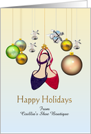 Happy holidays from shoe boutique to customers, pretty shoes, bells and baubles card