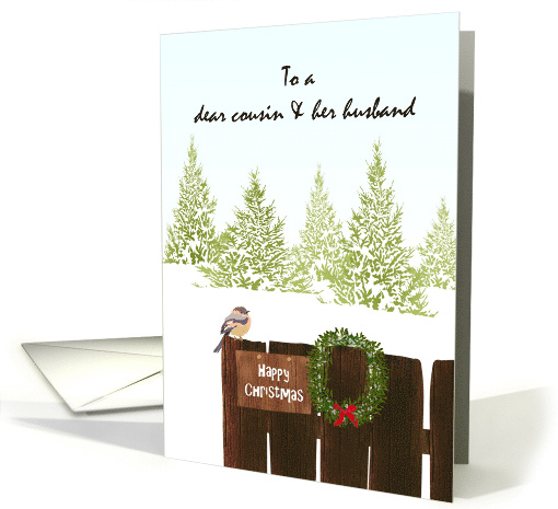Christmas for Cousin and Husband Bird Mistletoe Wreath on Fence card