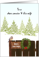 Christmas for Cousin and Wife Bird Mistletoe Wreath on Fence card