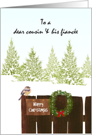 Christmas for Cousin and His Fiancee Bird and Mistletoe Wreath card