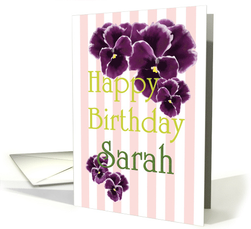 Birthday For Sarah Purple Pansies Pink And White Stripes card