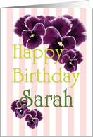 Birthday For Sarah Purple Pansies Pink And White Stripes card