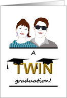 Graduation for Twin Boy and Girl Two Graduate Caps on Word Twin card