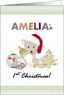 Amelia’s 1st Christmas Teddy In Santa’s Hat Holding Milk Bottle Toys card
