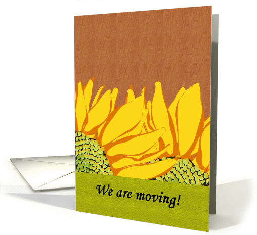 Sunflower moving announcement, sunflowers against wood panel card