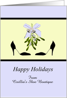 Happy holidays shoe boutique to customers, pretty shoes, mistletoe, bells and bow card