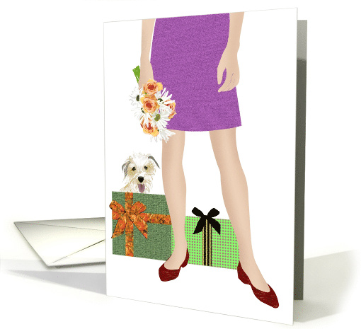 Birthday Lady Holding Flowers Dog and Presents card (1099024)