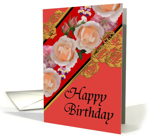 Birthday Red Floral Banner and Gold Paper Roses card (1100182)