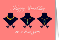 Birthday for her, necklaces in gold and colored glass card