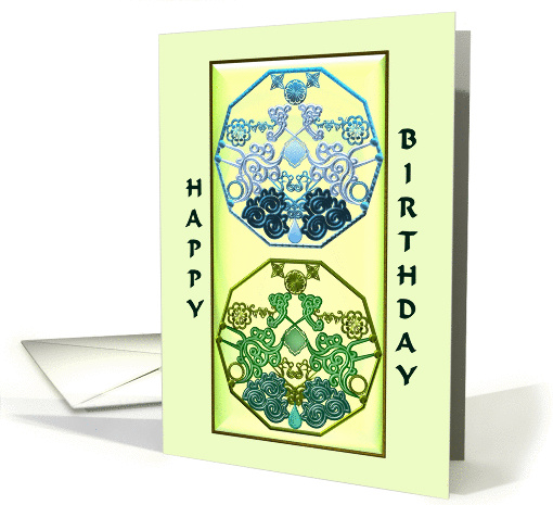 Pretty metallic blue and green ornamental tablets, Birthday card