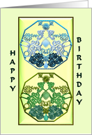 Pretty metallic blue and green ornamental tablets, Birthday card