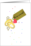 Lesbian marriage announcement, female gender symbols rings and a red heart card